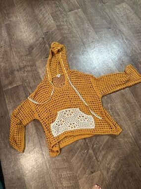 POL Mustard Crochet Hooded Sweater with Cream Pocket